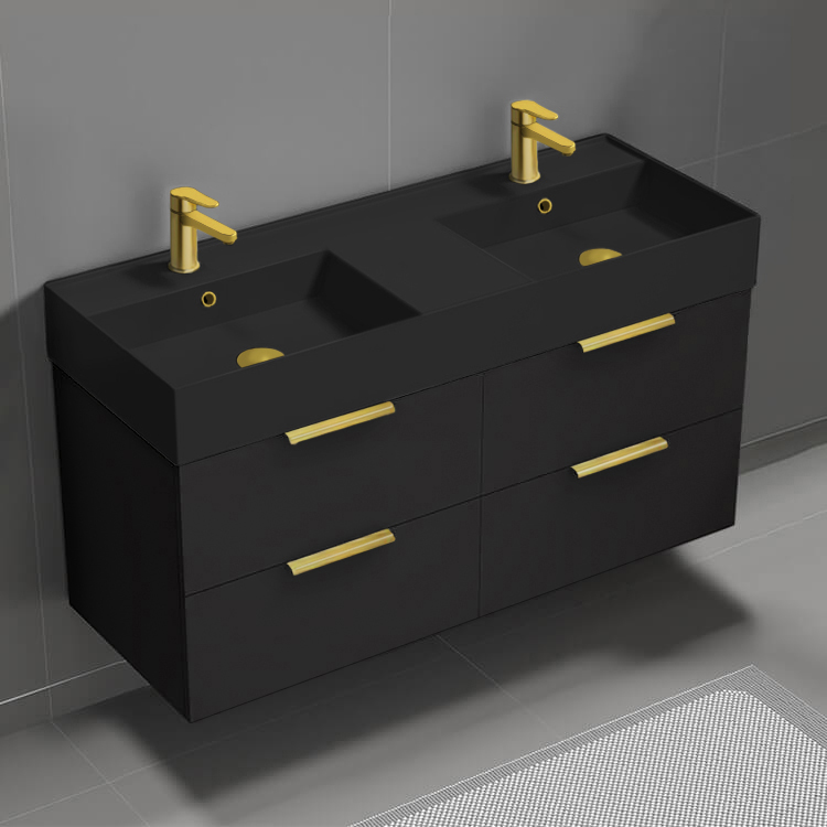 Bathroom Vanity Double Floating Black Bathroom Vanity, Modern, 48 Inch, Gold Handles Nameeks DERIN209